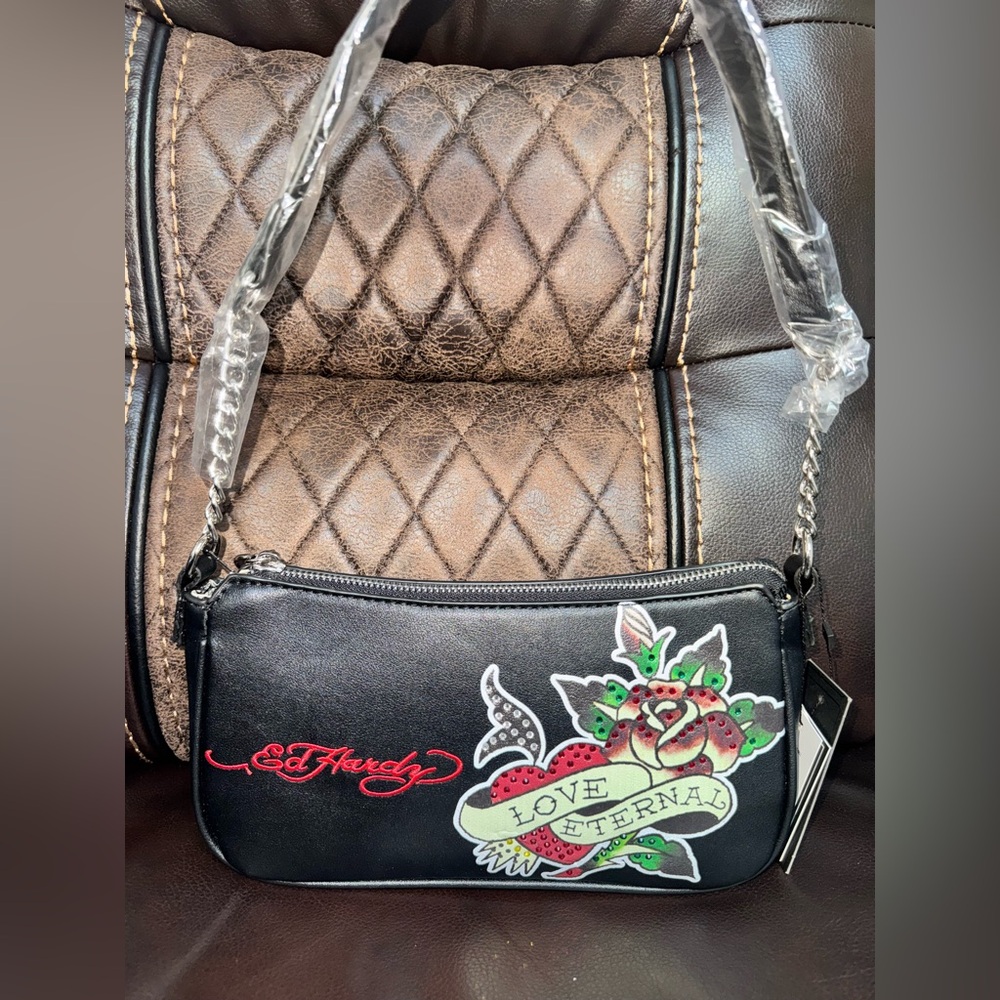 Ed Hardy Black Shoulder/Crossbody Bag with Rhinestone Love Eternal Logo